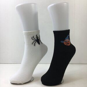 Womens Crew Socks Set 2 Spider Jack-o-Lantern Witch Hat White Black Orange